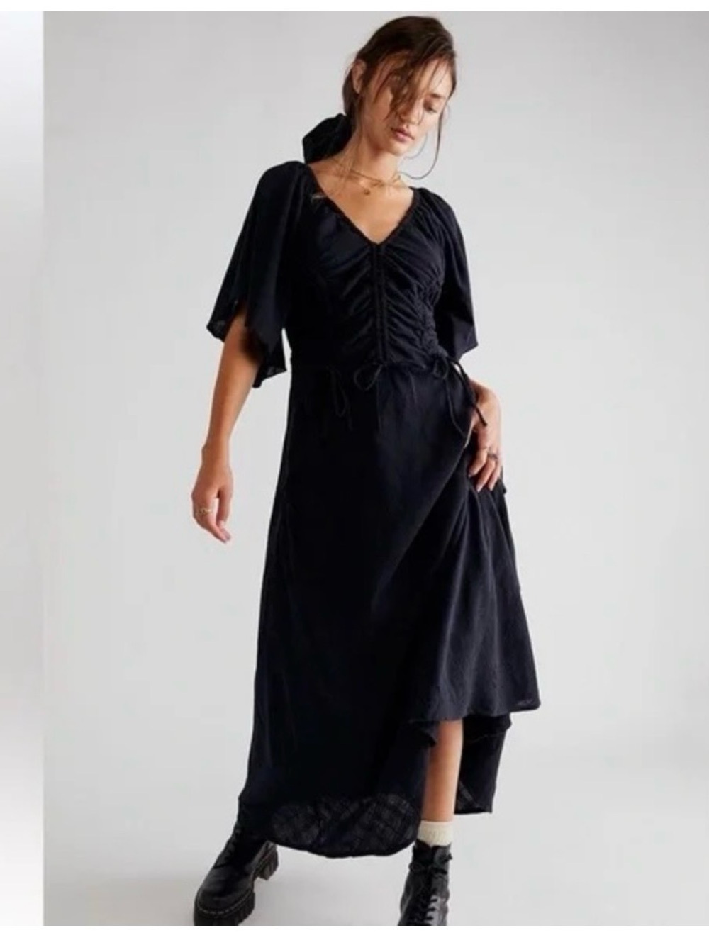 Free People Hard To Resist Midi Dress Black Cinched Waist, Size Medium